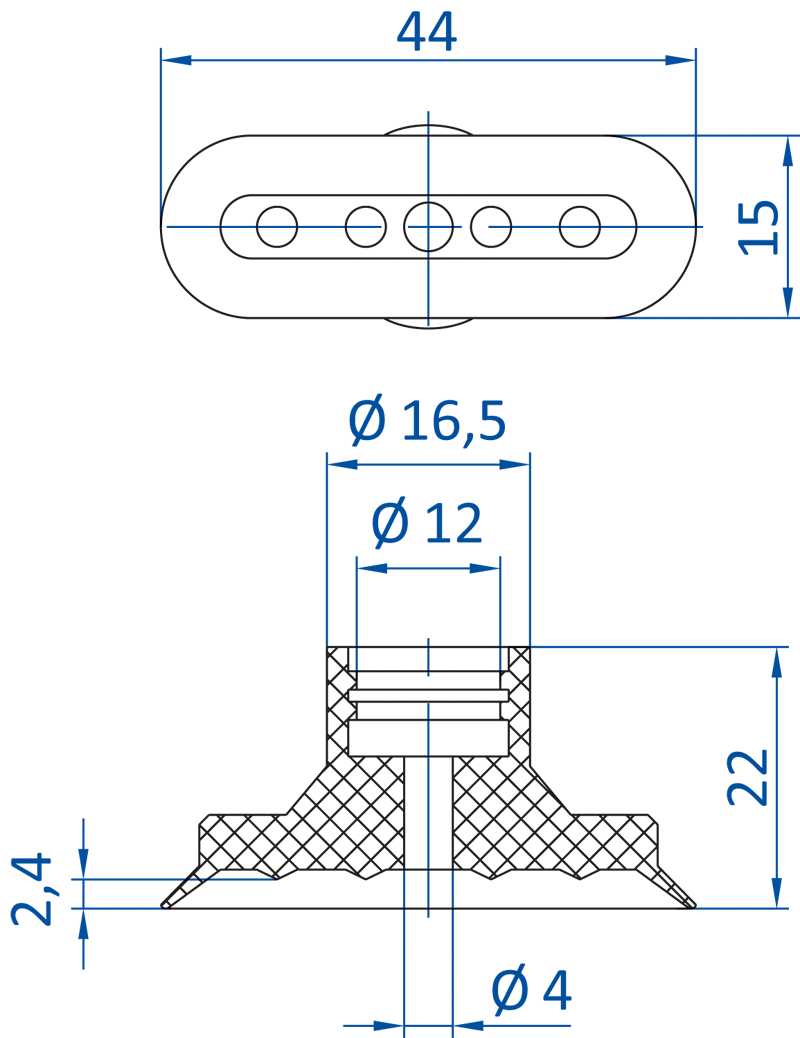 Размер овальной вакуумной присоски FIPA серии SO-FU 132.45x15.020
